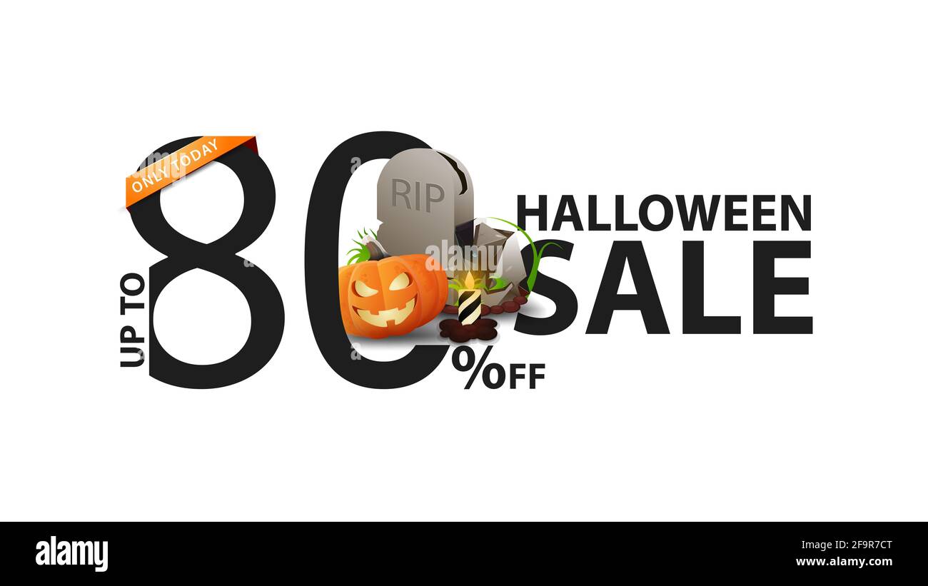Halloween sale, white banner with 80 off, tombstone and pumpkin Jack Stock Photo