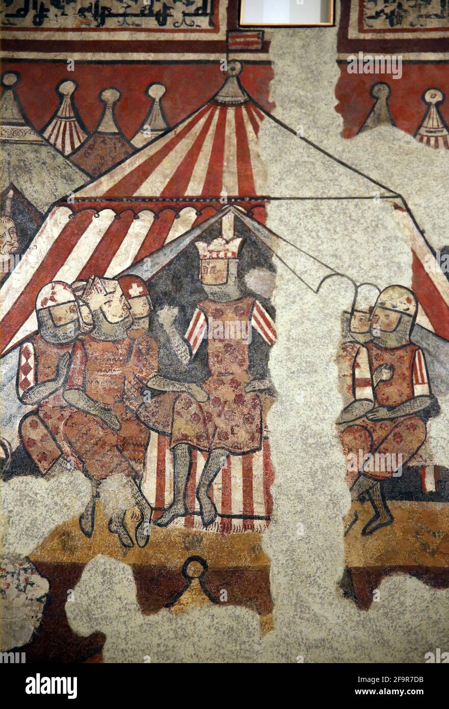 Paintings of Conquest of Majorca, 1285-90. Palace Berenguer Aguilar, Barcelona. Royal Camp with James I. National Art Museum of Catalonia. Barcelona. Stock Photo