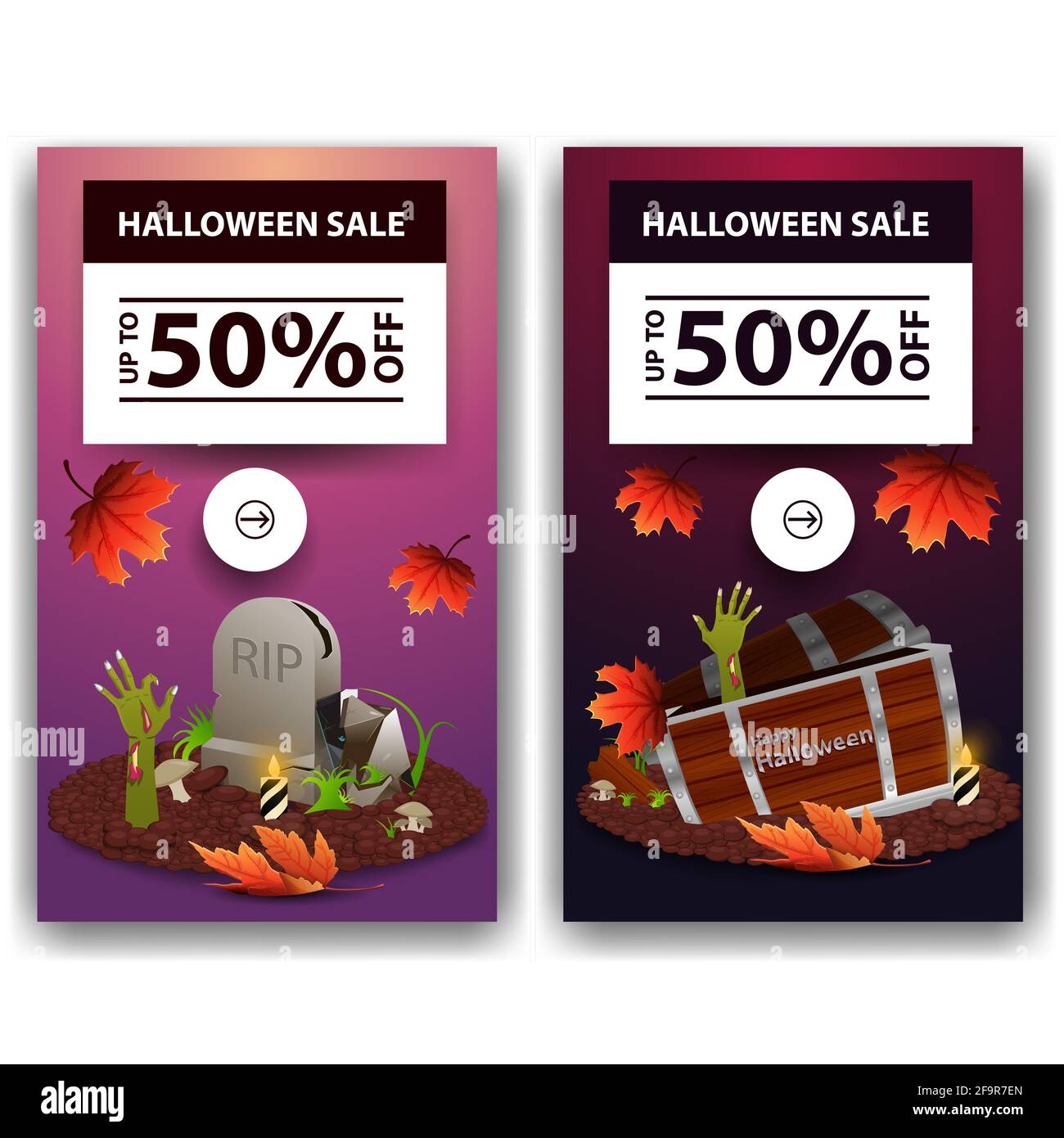 Set Halloween vertical discount banners, up to 50 off. Pink and purple discount vertical banners for your business Stock Photo