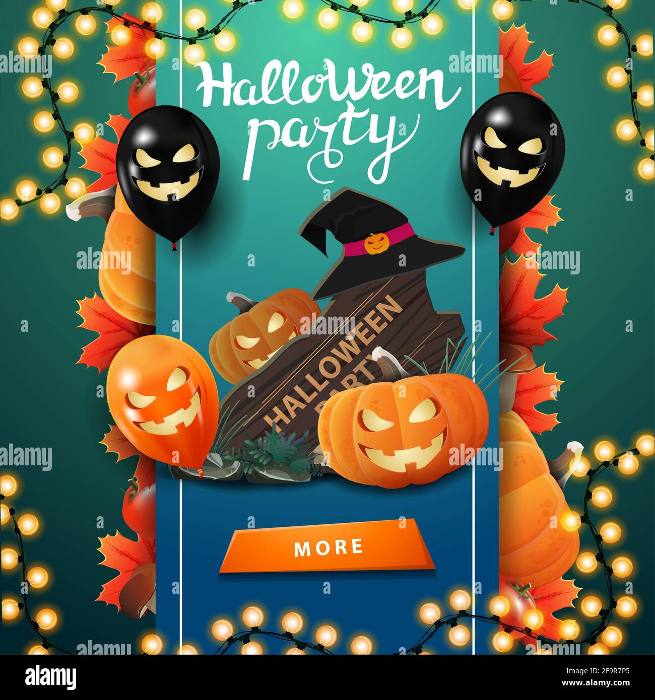 Halloween party, square green invitation banner for web site with button, Halloween balloons