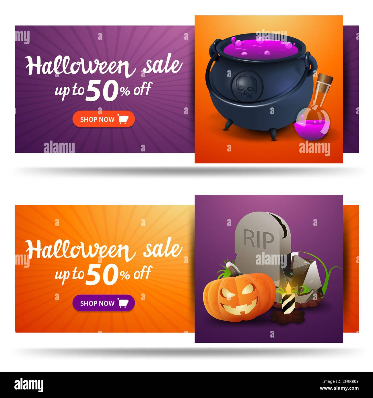 Set Halloween discount banners, up to 50 off. Orange and purple discount horizontal banners for your business Stock Photo