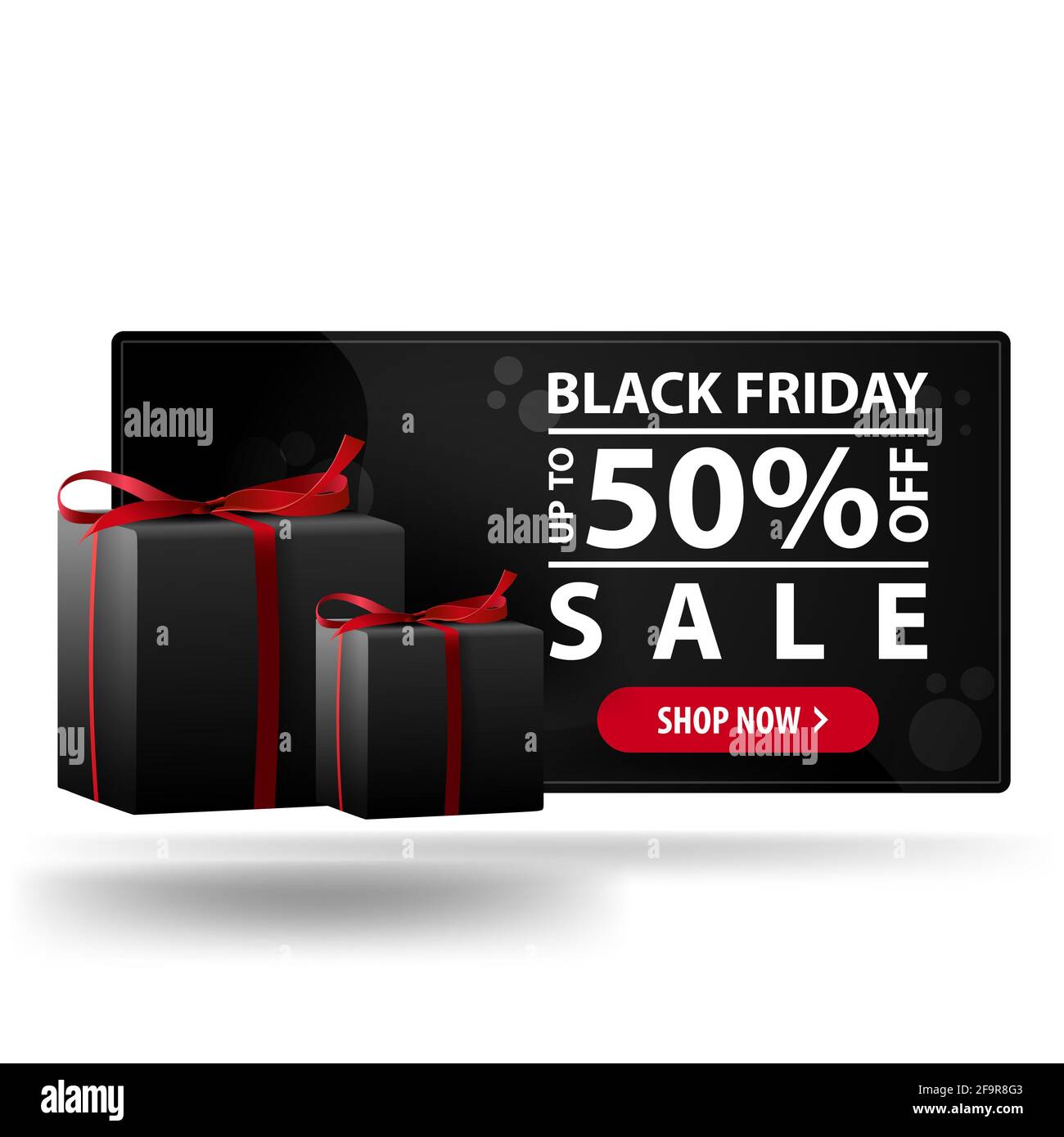 https://c8.alamy.com/comp/2F9R8G3/black-friday-sale-up-to-50-off-modern-black-3d-discount-banner-with-gifts-2F9R8G3.jpg