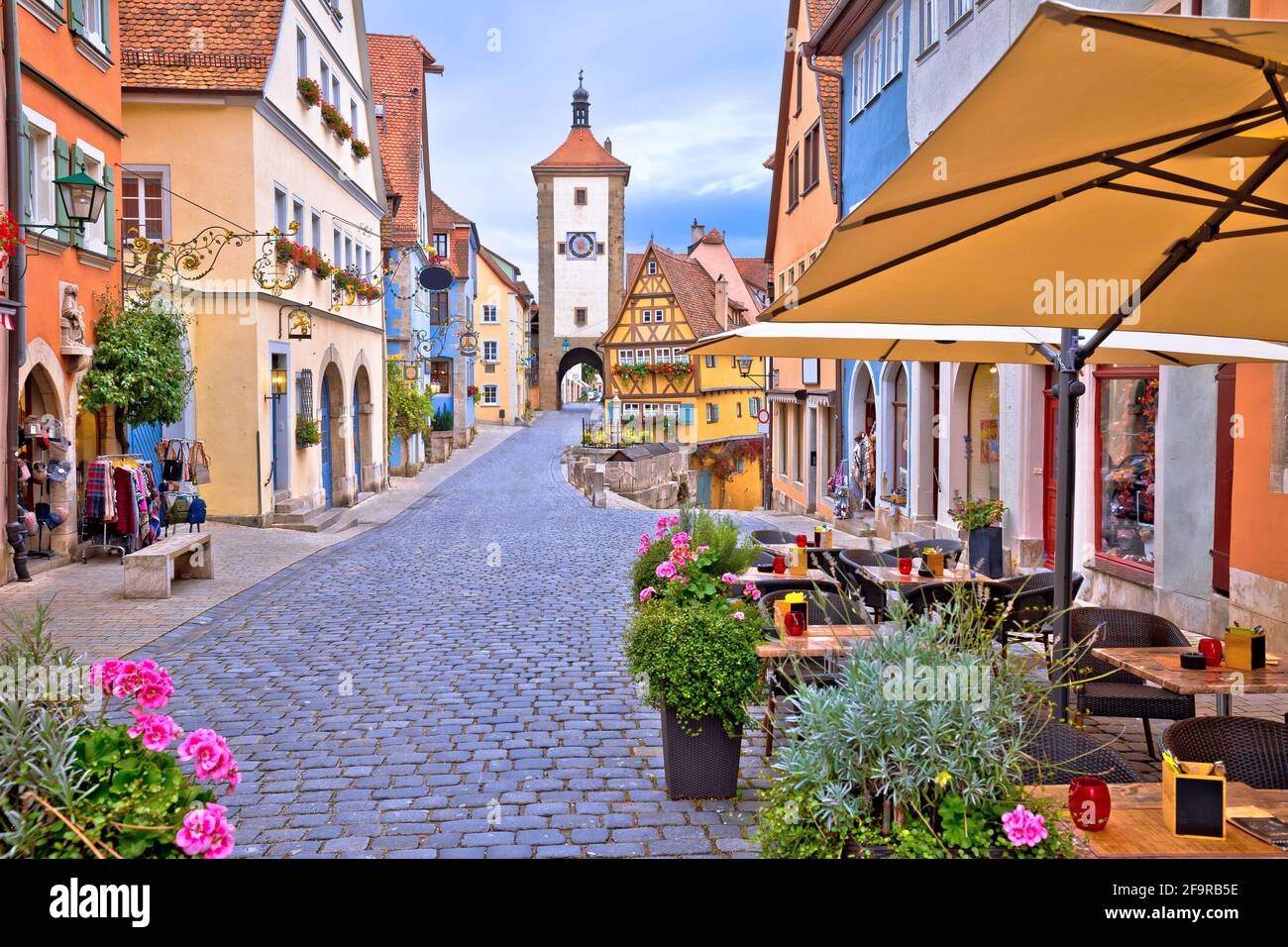 Famous Plonlein gate and cobbled street of historic town of Rothenburg ob der Tauber view, Romantic road of Bavaria region of Germany Stock Photo