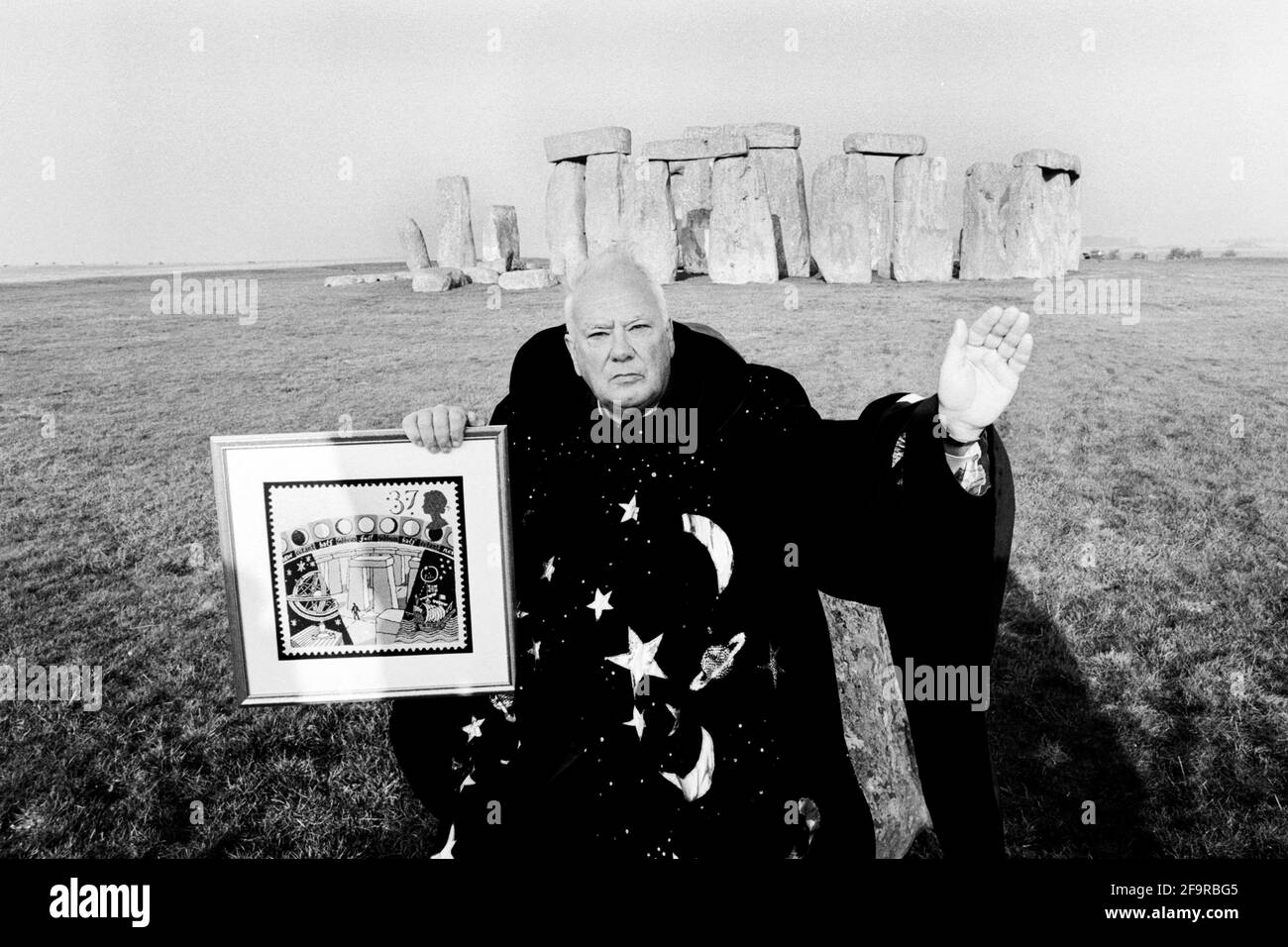 Astronomer Patrick Moore launches a new postage stamp at Stonehenge in December 1990. Stock Photo