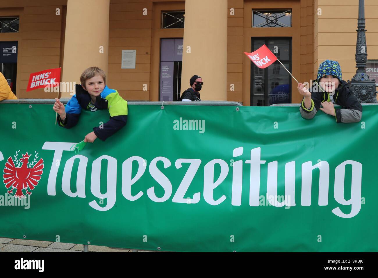 20th April 2021; Cycling Tour of the Alps Stage 2, Innsbruck, Feichten Im Kaunertal Austria Apr 20th; Interested children from Austria in front of Tageszeitung banner. Stock Photo