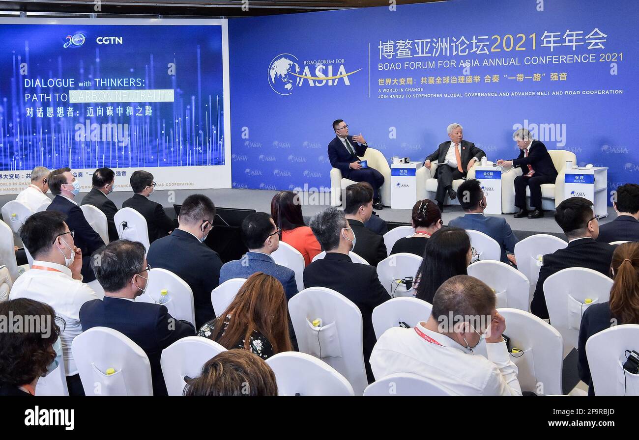 Boao, China's Hainan Province. 20th Apr, 2021. Photo taken on April 20, 2021 shows a view of the sub-forum themed 'path to carbon neutrality' during the Boao Forum for Asia annual conference in Boao, south China's Hainan Province, April 20, 2021. Credit: Li He/Xinhua/Alamy Live News Stock Photo