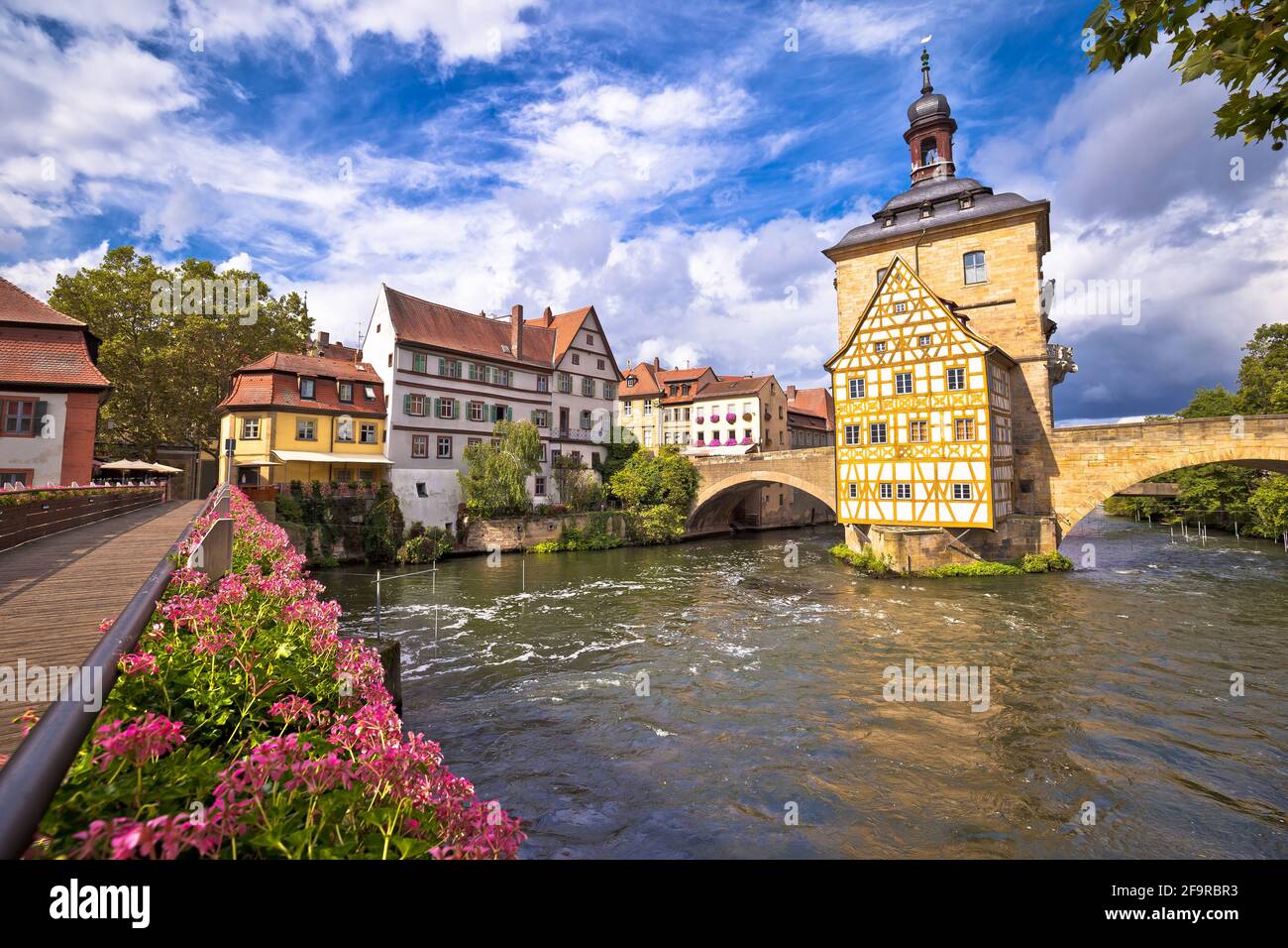 Bamberg. Scenic view of Old Town Hall of Bamberg (Altes Rathaus) with two bridges over the Regnitz river, Bavaria region of Germany Stock Photo