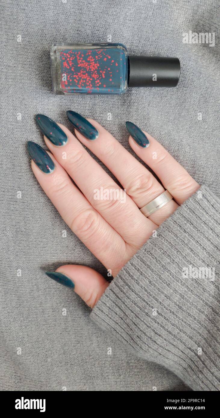 Female hand with long nails and dark blue teal manicure holds a bottle of  nail polish Stock Photo - Alamy