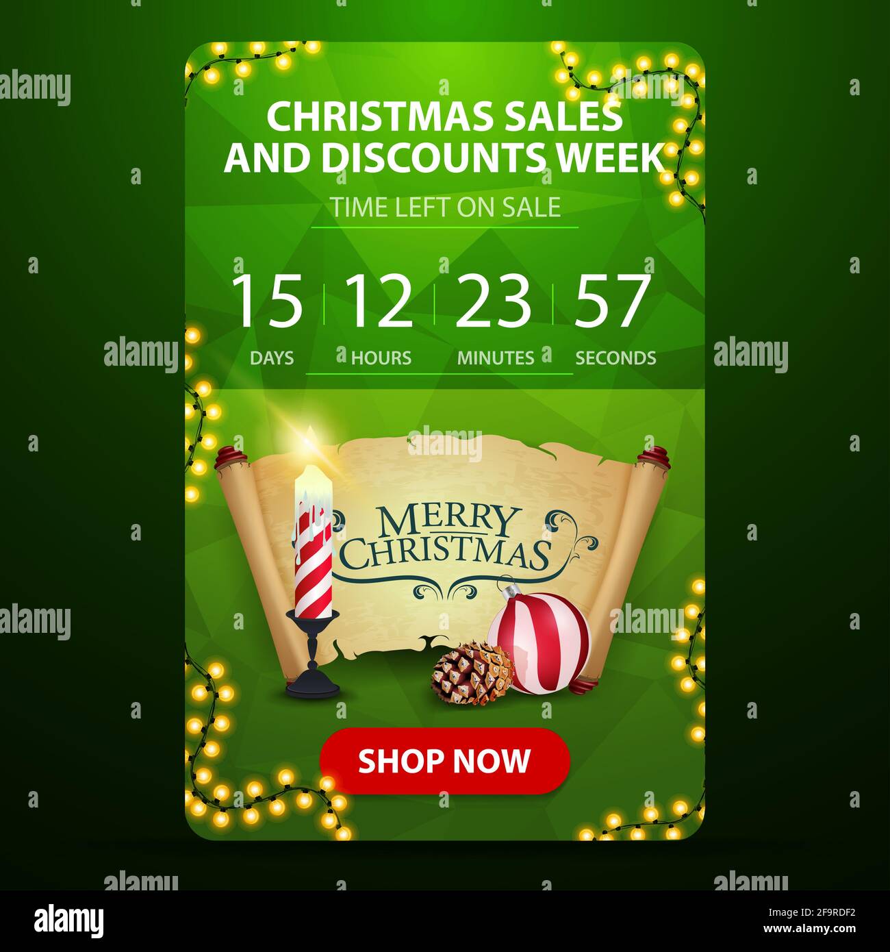Christmas sale and discount week, green web banner with button, countdown  timer to the end of discounts, Christmas candle, old parchment, Christmas  ba Stock Photo - Alamy