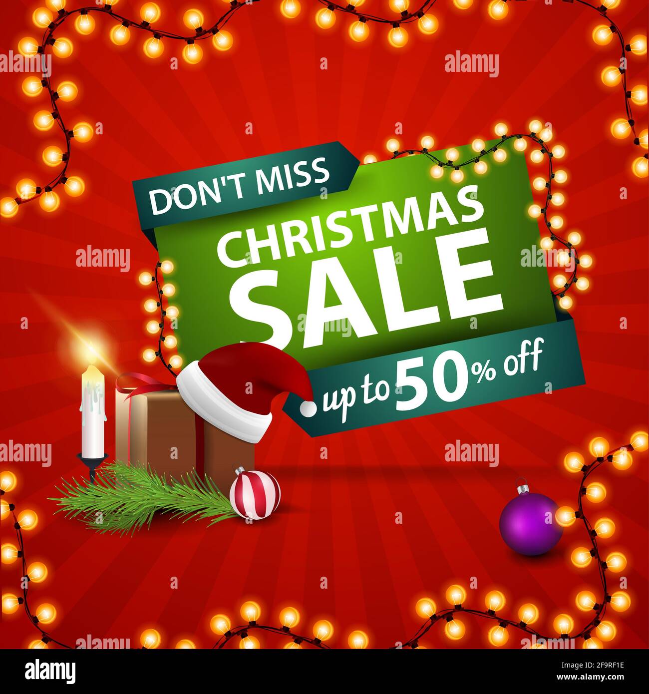 Dont miss, Christmas sale. Red and green discount banner with gift with
