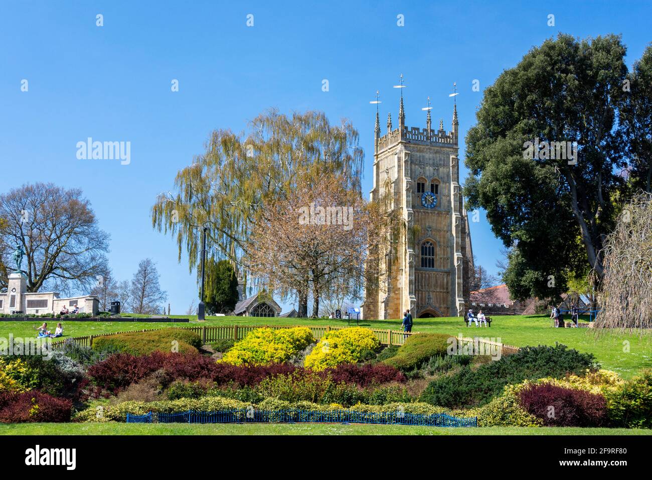 Evesham Abbey gardens in the spring sunshine, Worcestershire, England