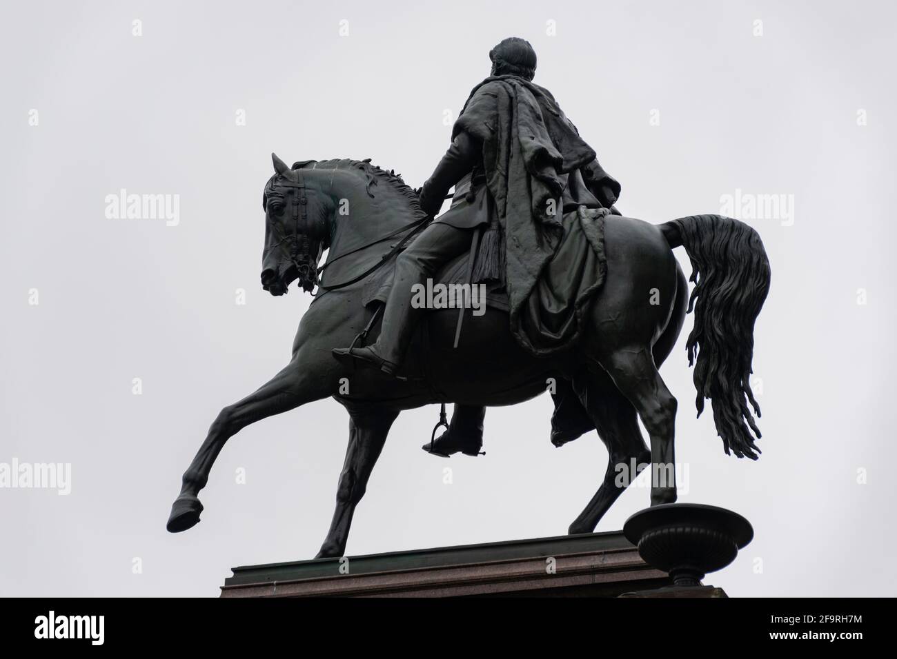 13 May 2019 Berlin, Germany - Equestrian statue of Friedrich Wilhelm IV at the portico of the Old National Gallery in Berlin, Germany Stock Photo