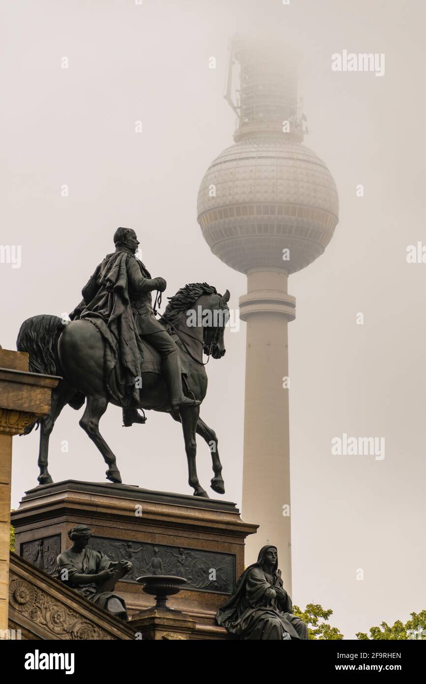 13 May 2019 Berlin, Germany - Equestrian statue of Friedrich Wilhelm IV at the portico of the Old National Gallery in Berlin, Germany Stock Photo