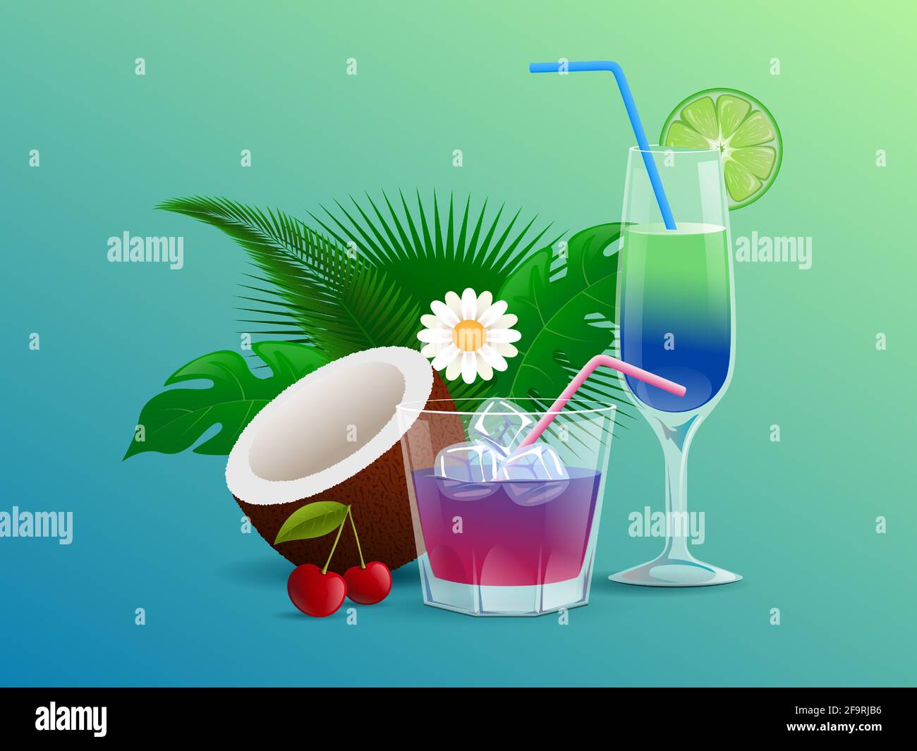 Summer Cocktails Decorated With Flowers Cherries Tropical Leaves Coconut Lime And Straws Vector Cartoon Illustration Refreshment Alcoholic Drinks With Ice Cubes In Bar Glassware Stock Vector Image Art Alamy