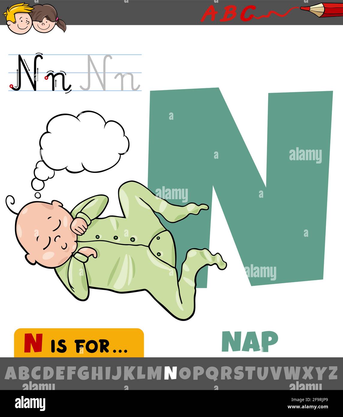 Educational cartoon illustration of letter N from alphabet with nap word Stock Vector