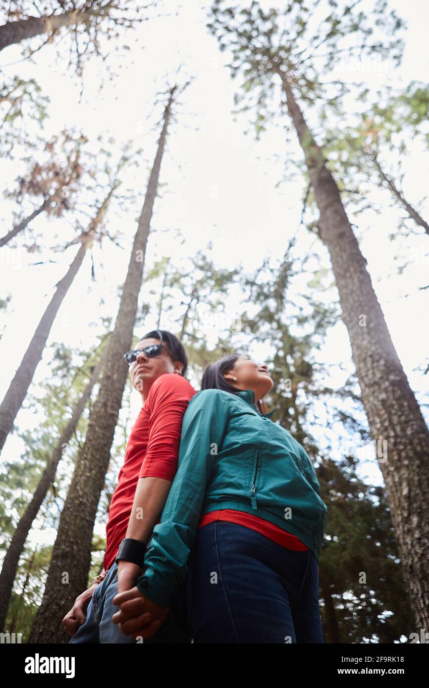 bride and groom back to back holding hands in the forest Stock Photo ...