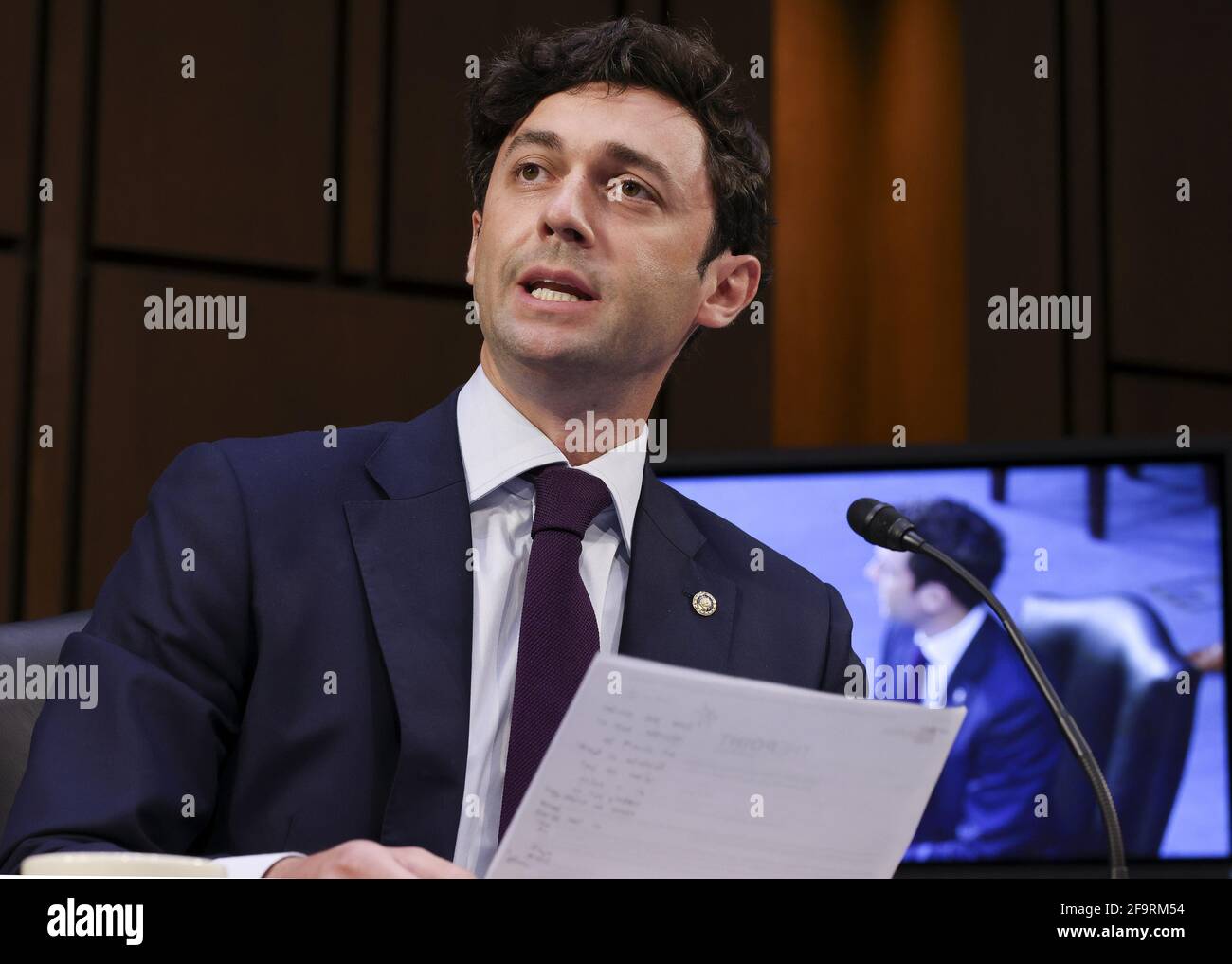 Sen. Jon Ossoff, D-GA, speaks during a Senate Judiciary Committee hearing on voting rights on Capitol Hill in Washington DC, Tuesday, April 20, 2021.    Pool photo by Evelyn Hockstein/UPI Stock Photo