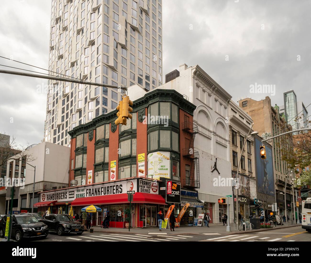 Development in Downtown Brooklyn in New York contrasts with older low rise buildings, on Sunday, April 18, 2021. Because of increased development in the area, notably hi-rise luxury apartment buildings, chain stores and high-end retailers are moving in. (Photo by Richard B. Levine) Stock Photo