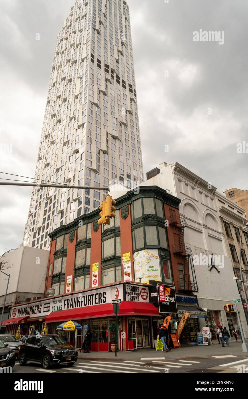 Development in Downtown Brooklyn in New York contrasts with older low rise buildings, on Sunday, April 18, 2021. Because of increased development in the area, notably hi-rise luxury apartment buildings, chain stores and high-end retailers are moving in. (ÂPhoto by Richard B. Levine) Stock Photo