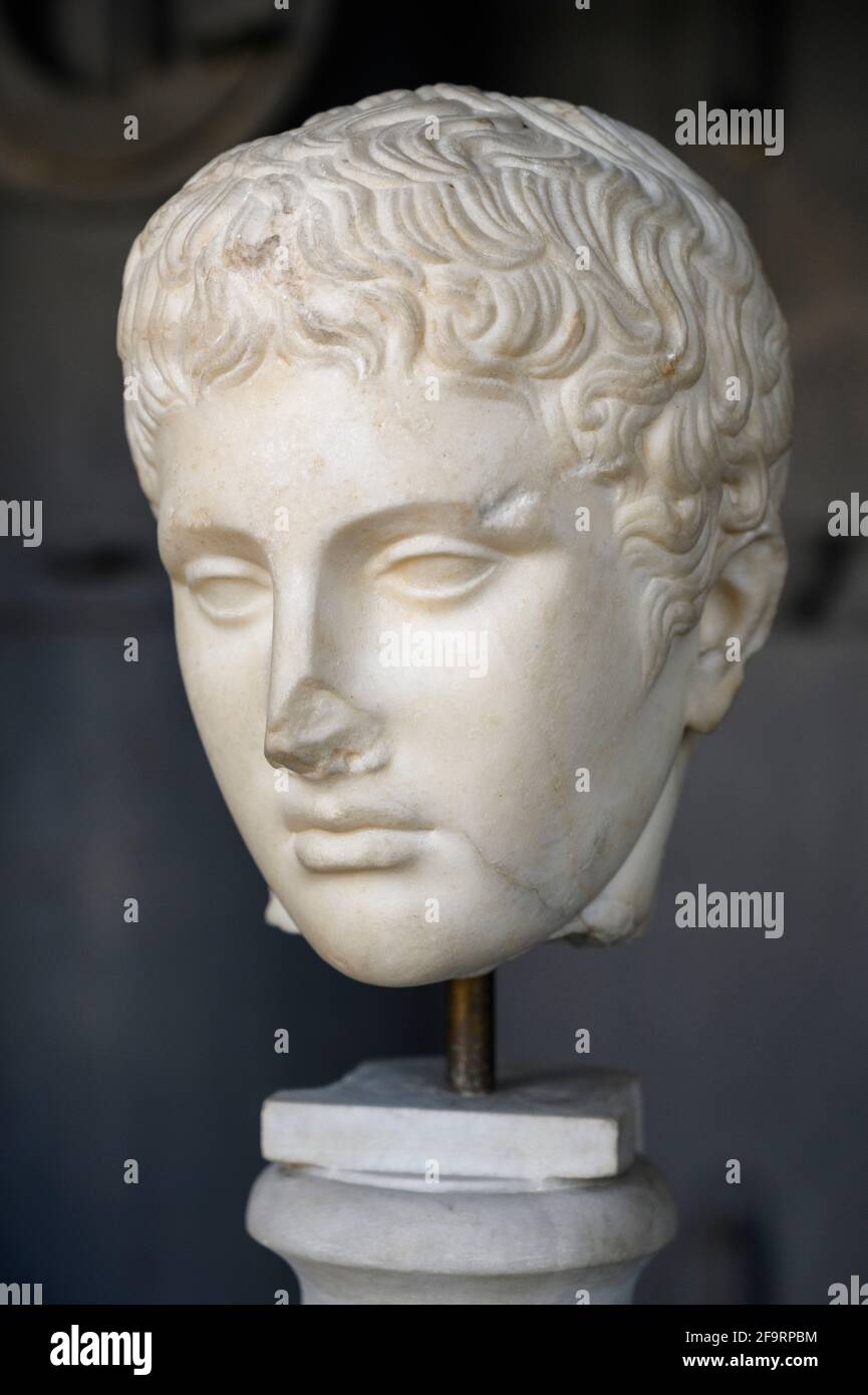 Rome. Italy. Male Head (Kyniskos type), copy after the bronze original by Polycletus (450 BC) representing an athlete being crowned. From the Via dei Stock Photo