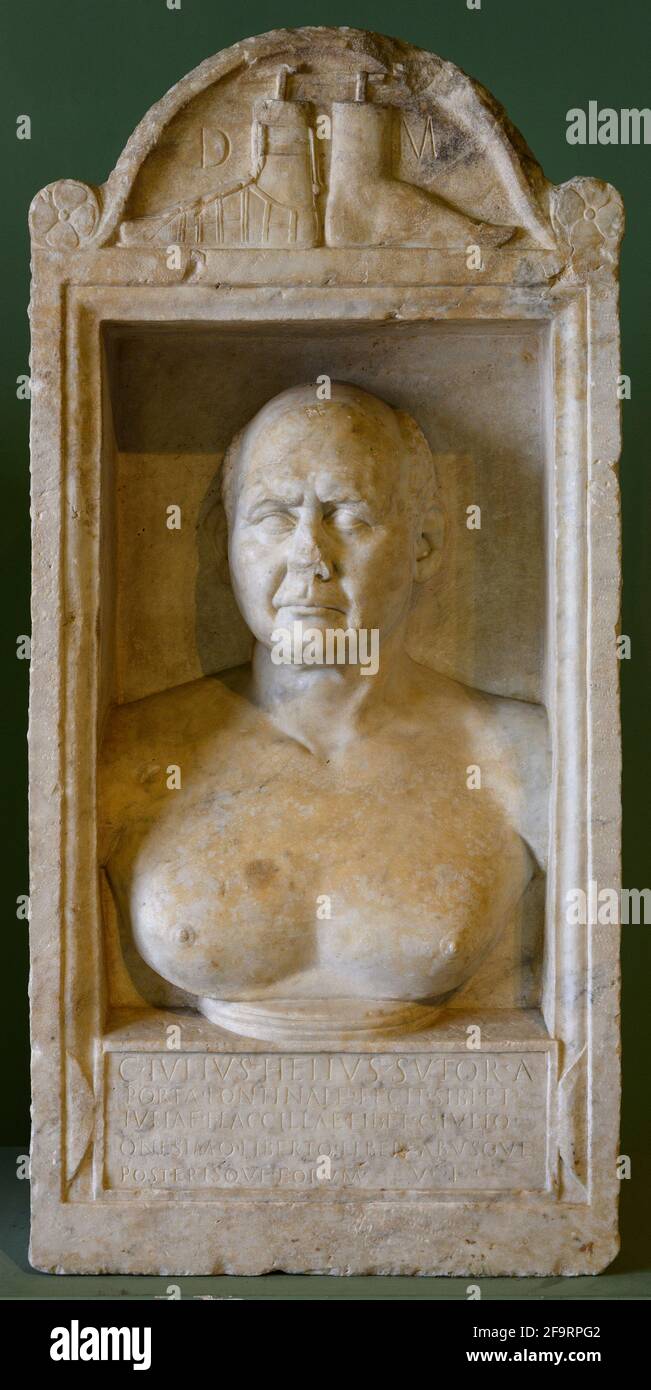 Rome. Italy. Funerary Stele of the shoemaker Caius Julius Helius. The presence of two shoe lasts on the crowning part of the aedicula indicates the de Stock Photo
