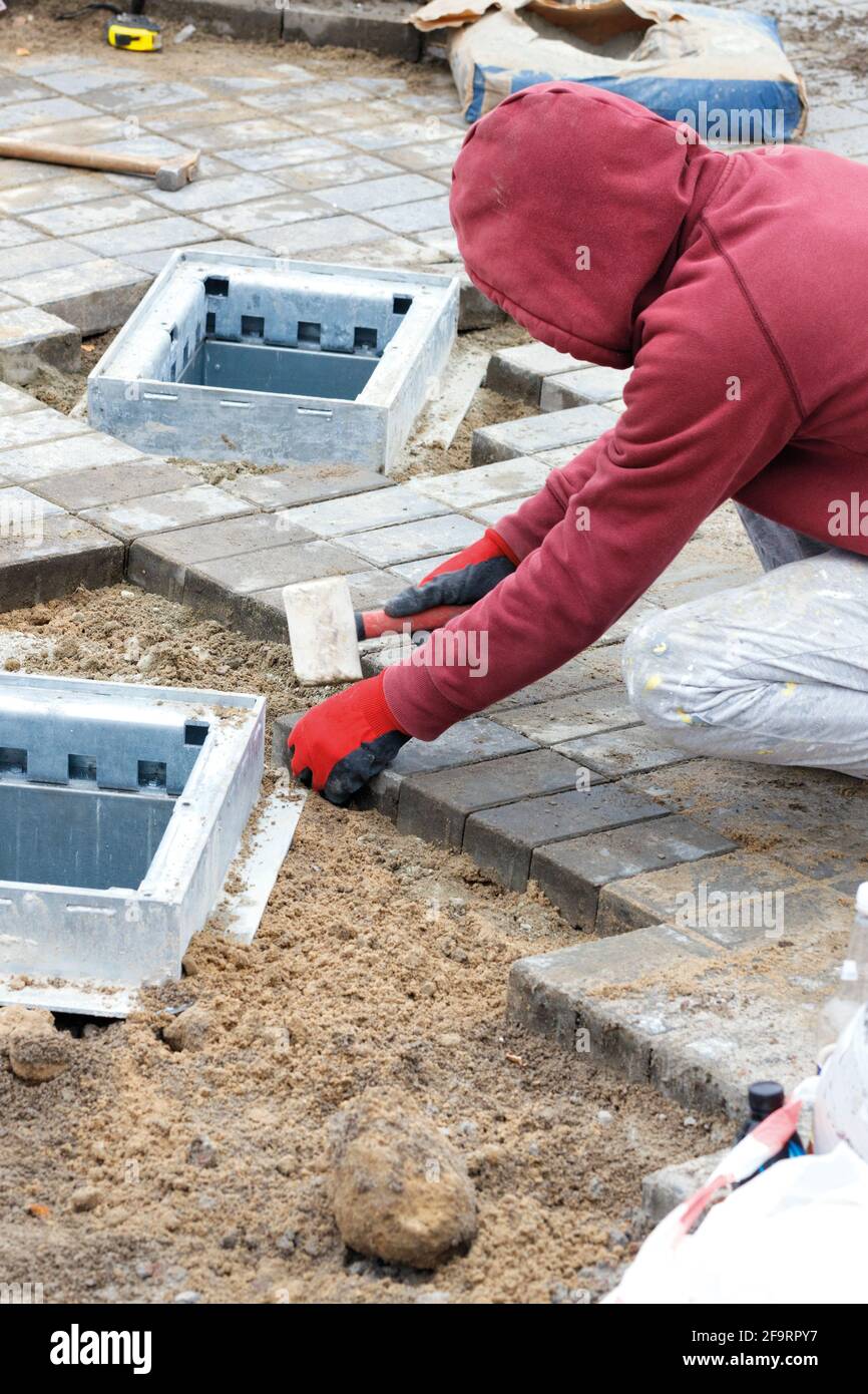 A worker lays paving slabs on prepared smooth sandy soil around utility hatches on the sidewalk. Vertical image, copy space. Stock Photo