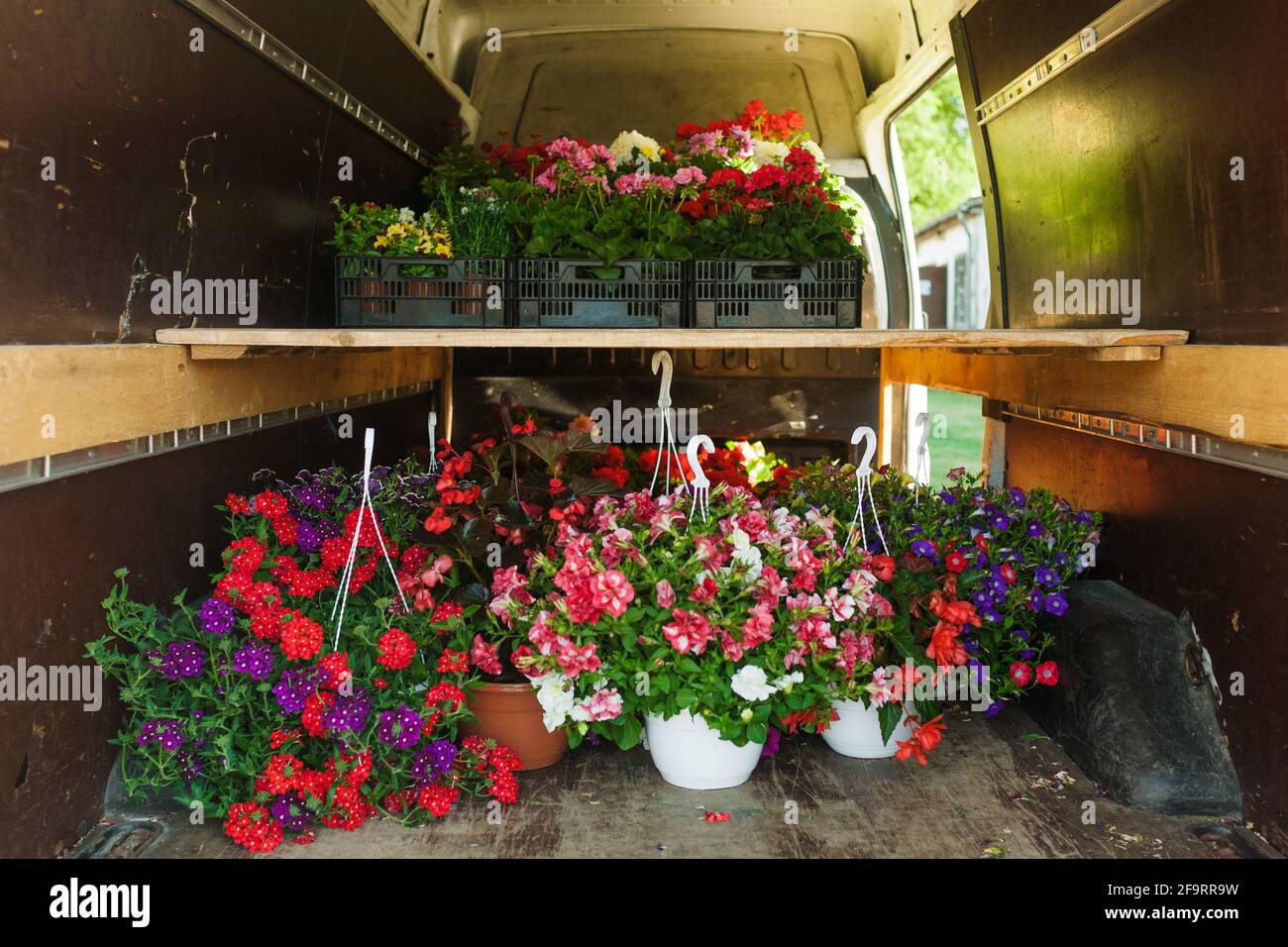 Potted flowers transported in a van to be sold at a farmers market
