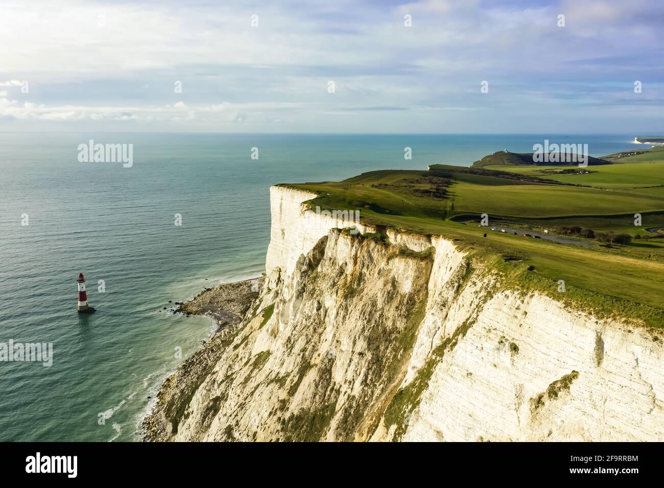 cliffs and lighthouse aerial view taken at beachy head, travel and tourism icon Stock Photo