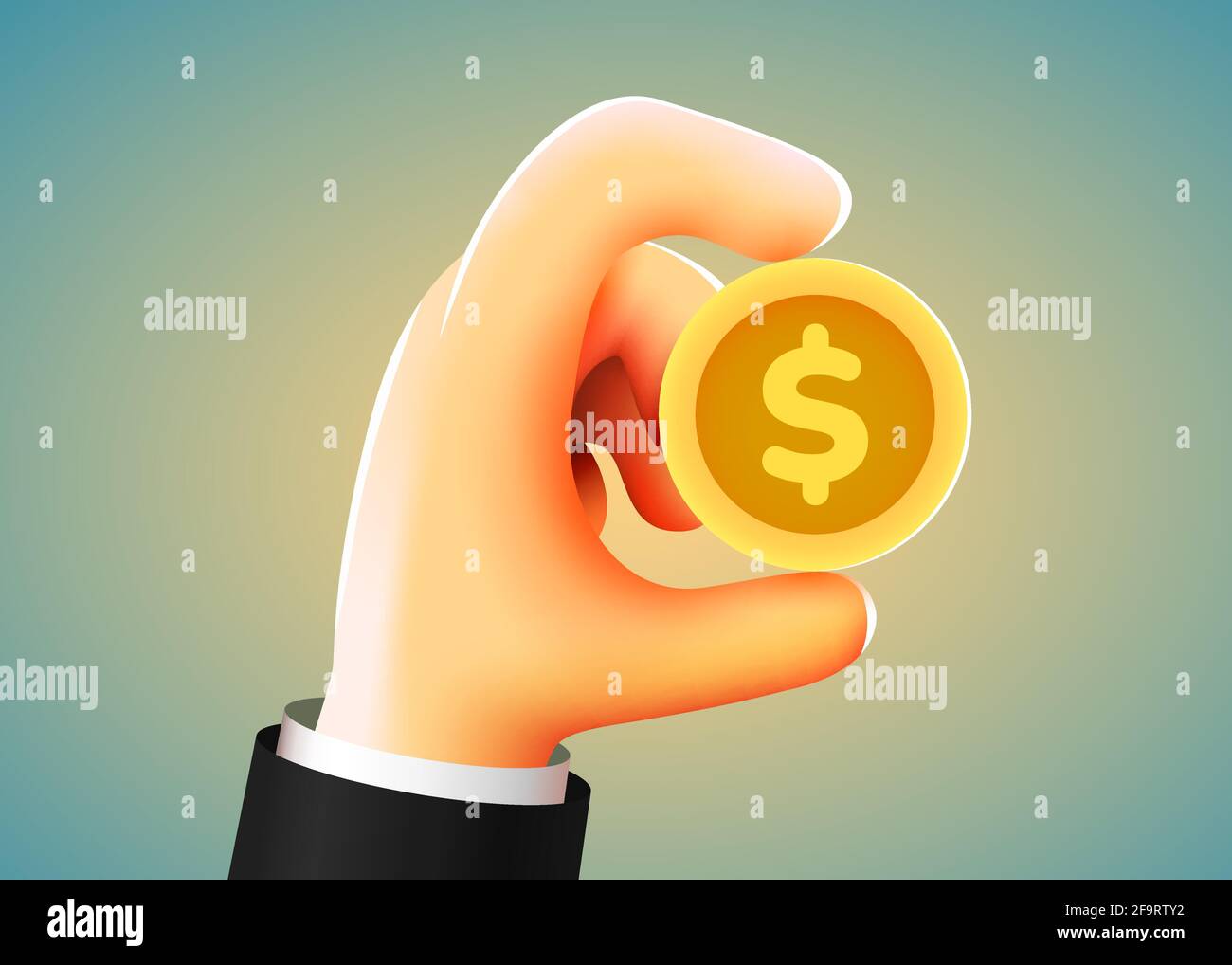 3d cartoon hand holding golden dollar coin. Investment, profit, payment ...