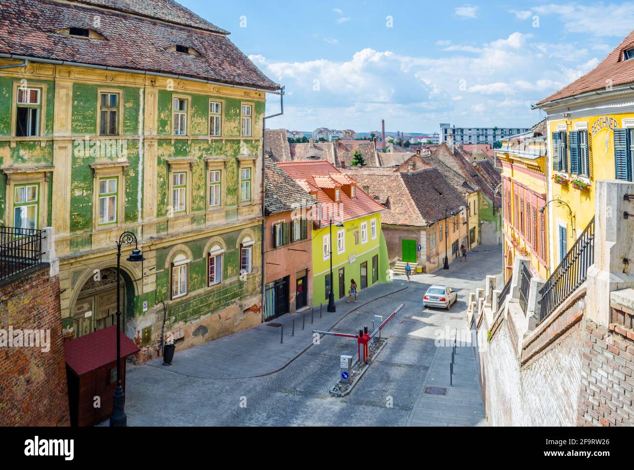 view of a typical street in the center of romanian city sibiu