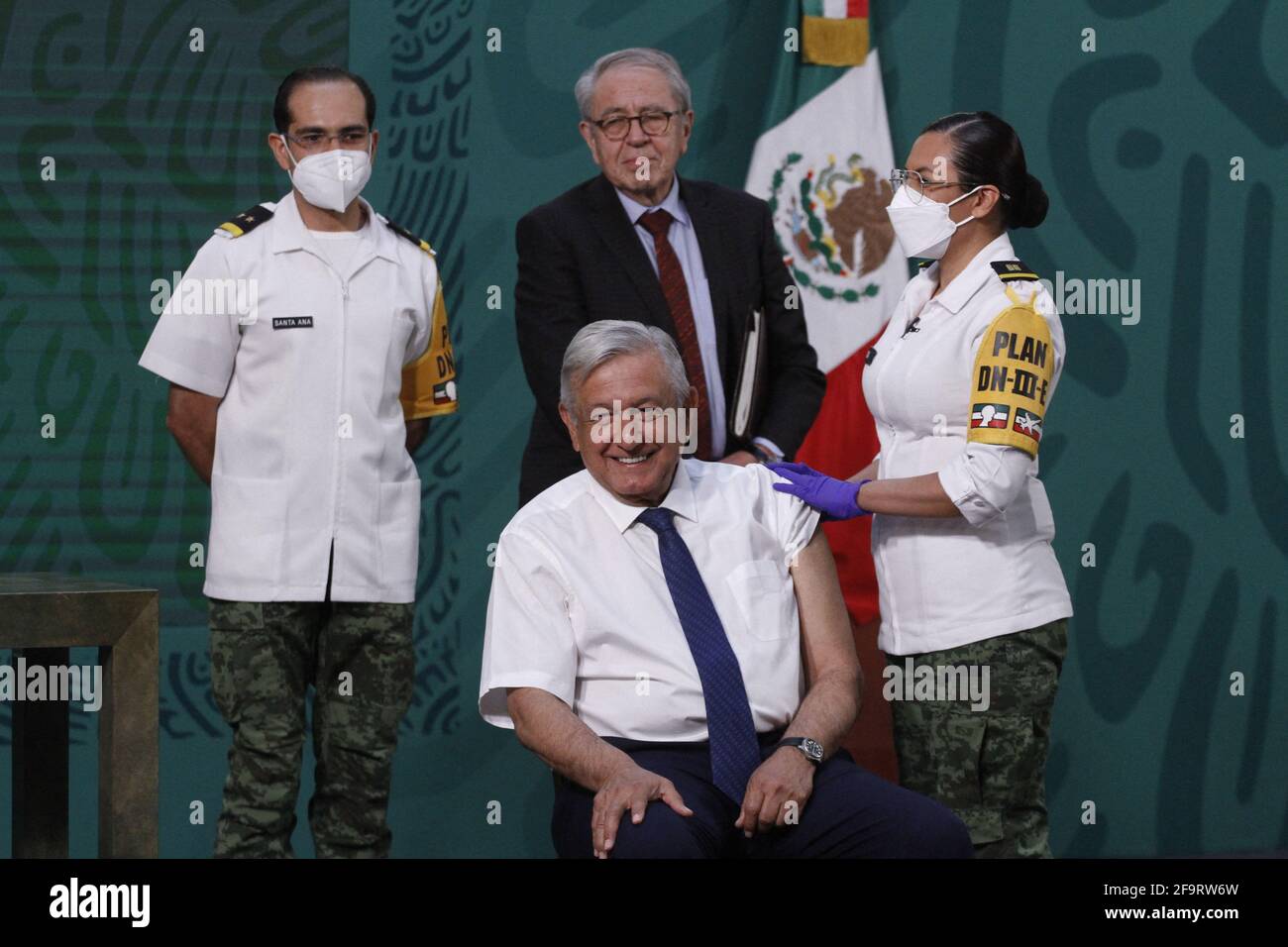 Mexico City, Mexico, April 20, 2021, Mexico's Health Minister, Jorge Alcocer, observes while Mexico's President Andres Manuel Lopez Obrador, receives a dose of AstraZeneca Covid19 vaccine during the daily morning press conference at National Palace on April 20, 2021 in Mexico City, Mexico. Photo by Luis Barron/Eyepix/ABACAPRESS.COM Stock Photo