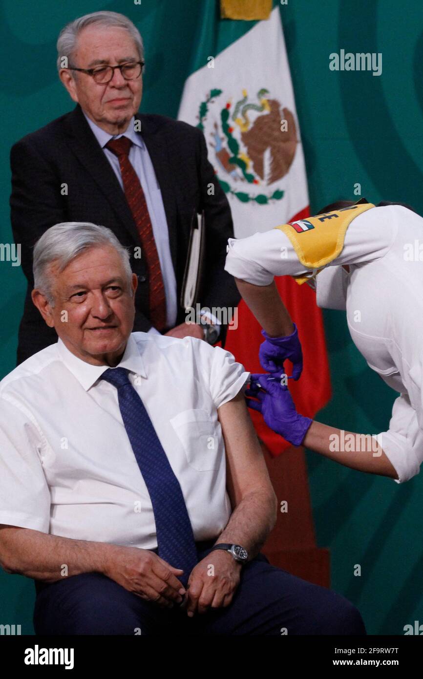 Mexico City, Mexico, April 20, 2021, Mexico's Health Minister, Jorge Alcocer, observes while Mexico's President Andres Manuel Lopez Obrador, receives a dose of AstraZeneca Covid19 vaccine during the daily morning press conference at National Palace on April 20, 2021 in Mexico City, Mexico. Photo by Luis Barron/Eyepix/ABACAPRESS.COM Stock Photo