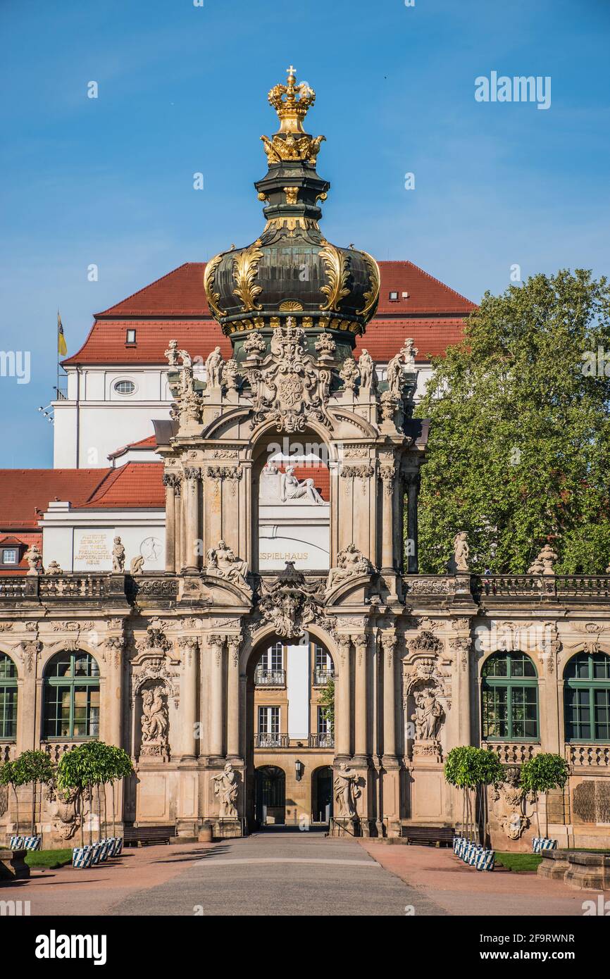 17 May 2019 Dresden, Germany - 18th century baroque Zwinger Palace, Crown Gate also called Kronentor. Stock Photo