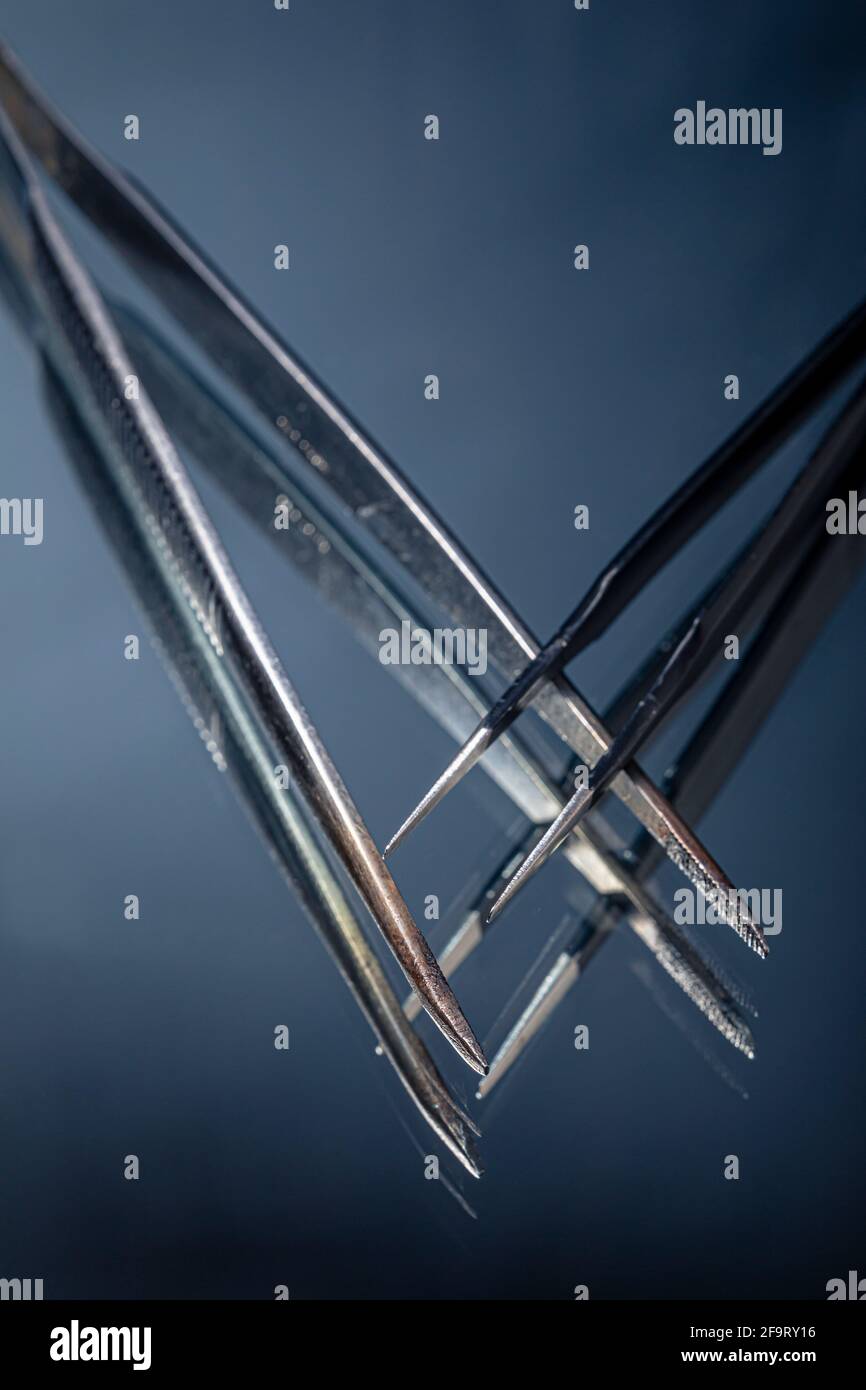 A closeup of two tweezers on a mirrored surface. Tweezers macro photo. Stock Photo