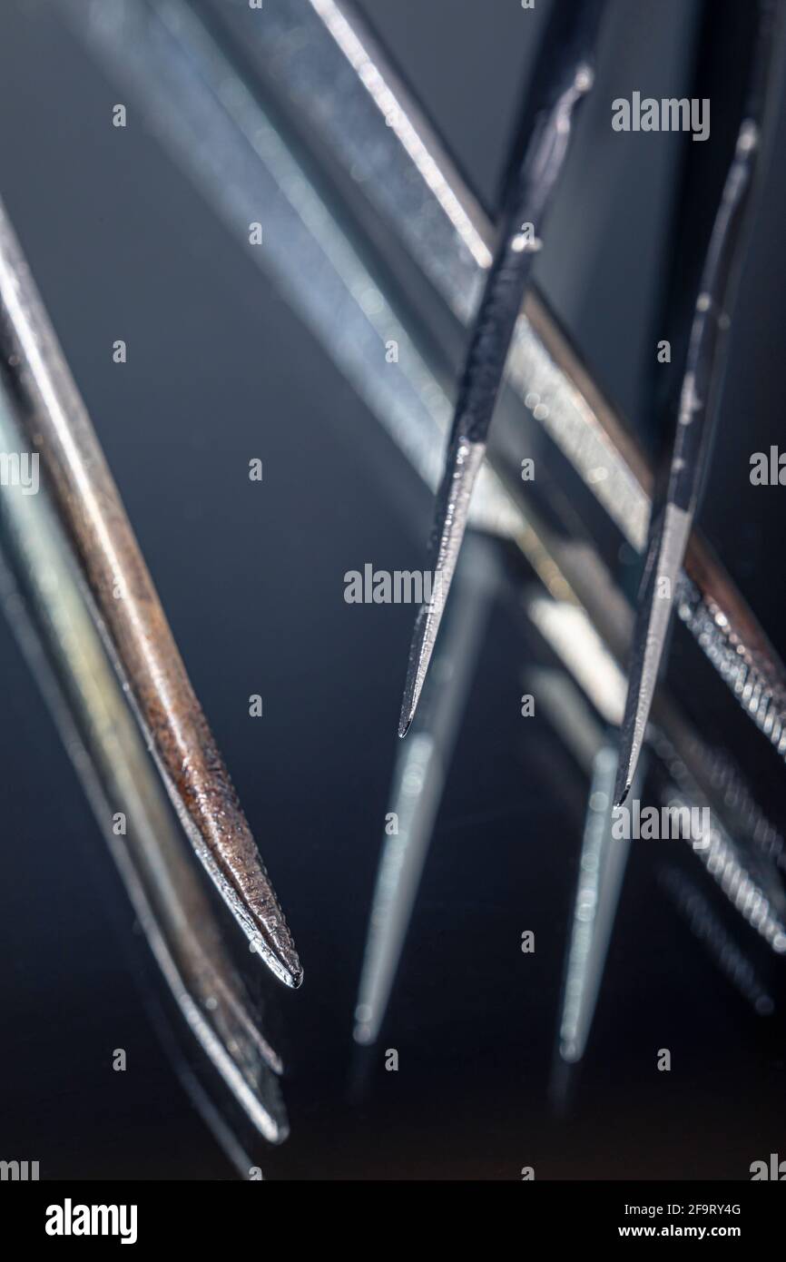 A closeup of two tweezers on a mirrored surface. Tweezers macro photo. Stock Photo