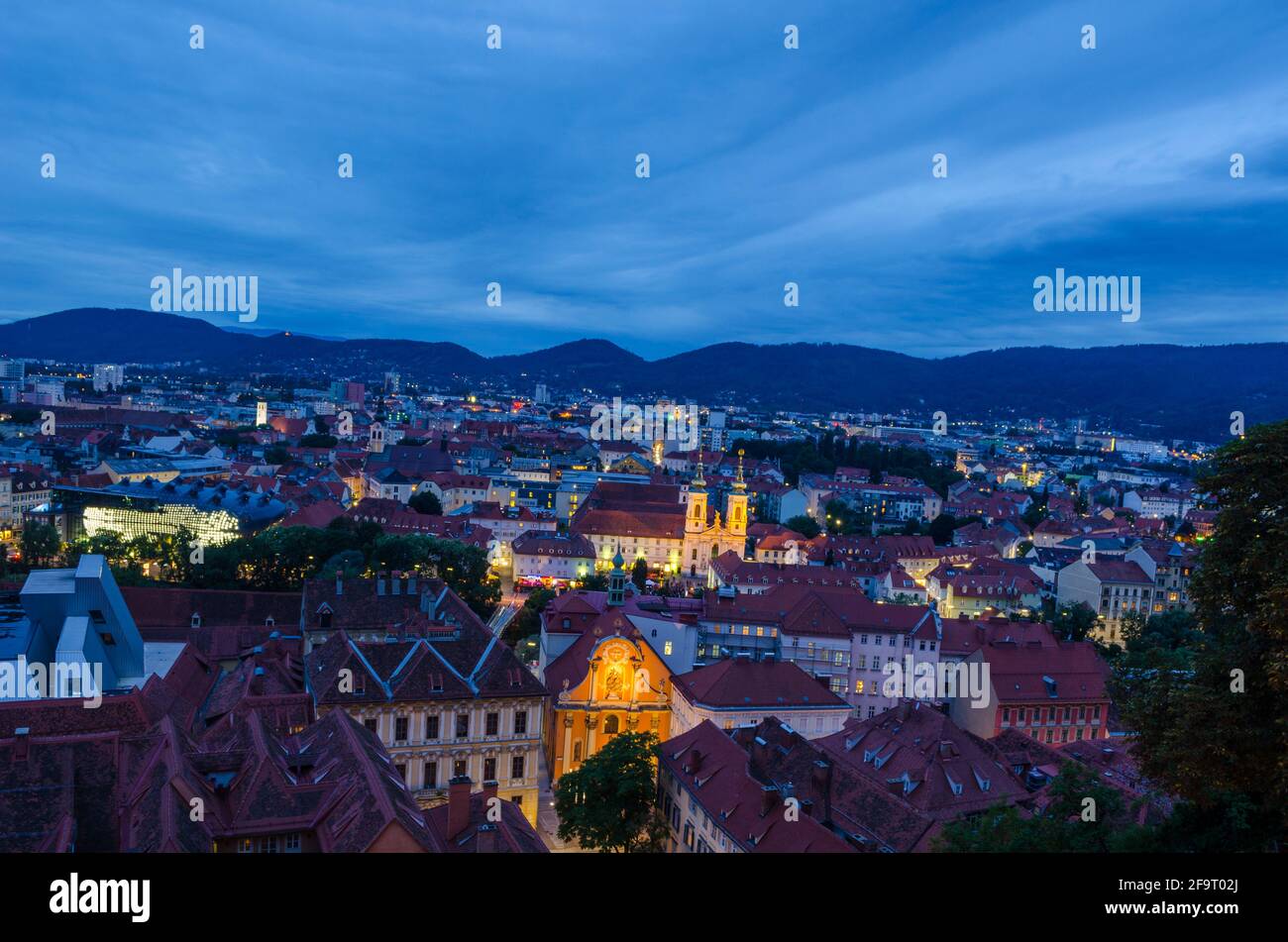 night aerial view over the illuminated austrian city graz Stock Photo ...
