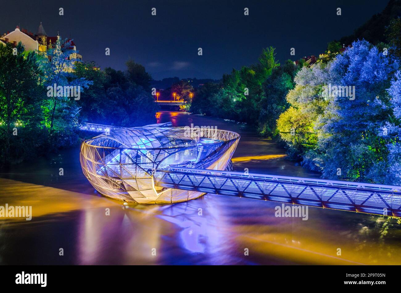 Graz, artificial floating platform in the middle of the Mur river. Stock Photo