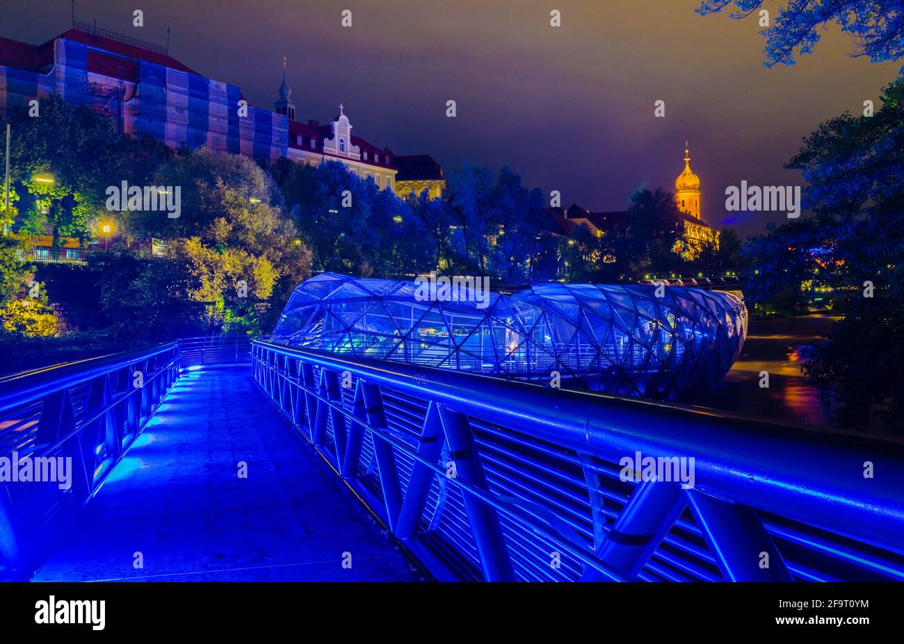Graz, artificial floating platform in the middle of the Mur river. Stock Photo