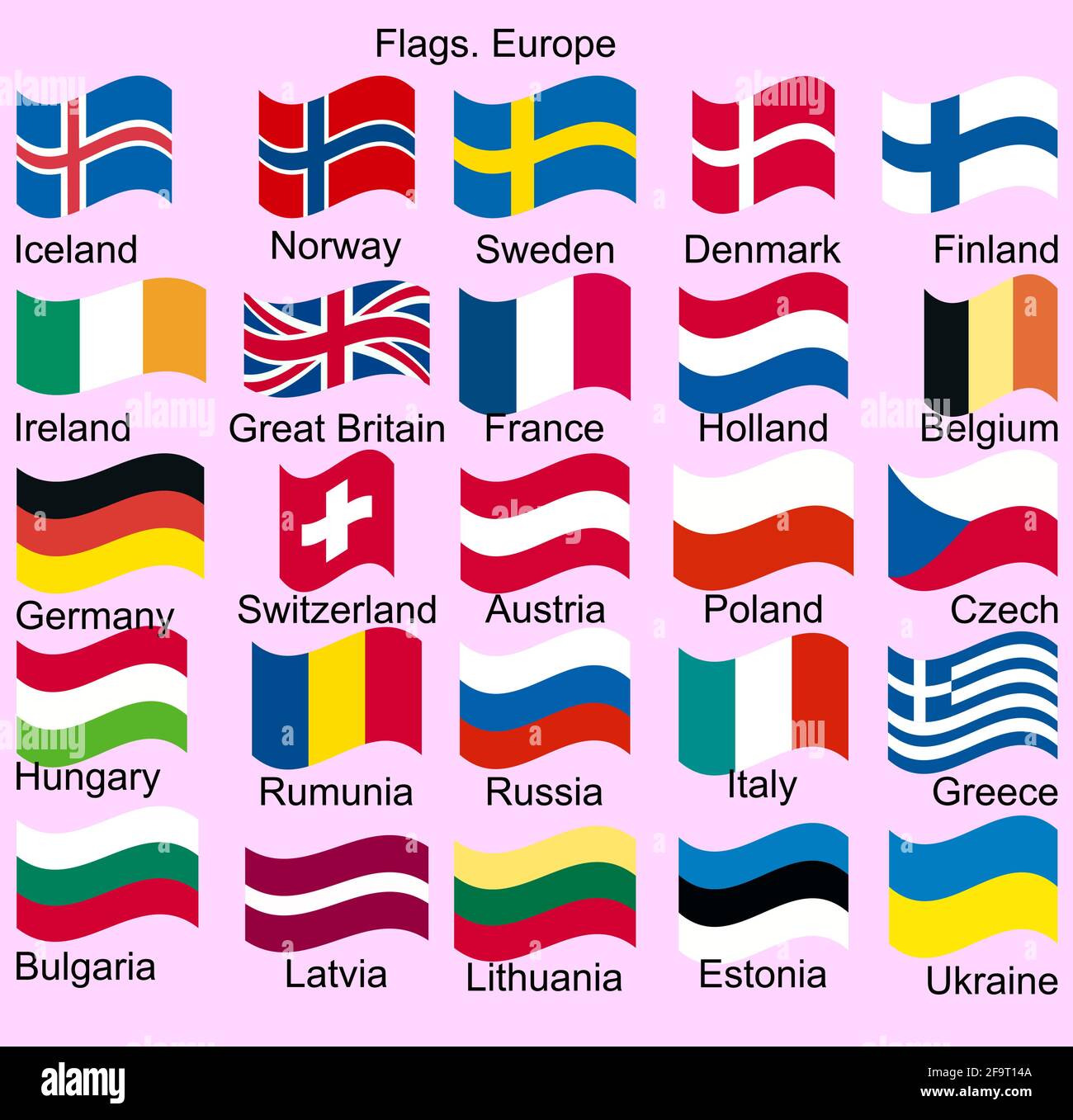Flags of european countries. Switzerland, Sweden, Denmark, France, Great Britain Poland Ukraine Russia etc Stock Vector