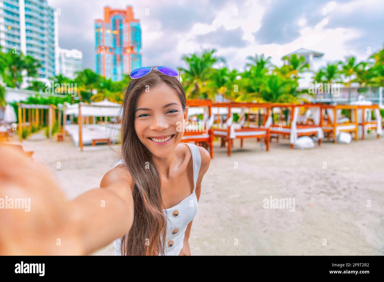 Travel Selfie Asian Tourist Woman On Vacation On South Beach Resort