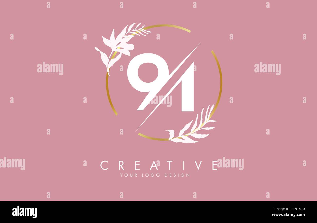 Number 91 9 1logo design with golden circle and white leaves on branches around. Vector Illustration with numbers 9 and 1 for personal branding, corpo Stock Vector