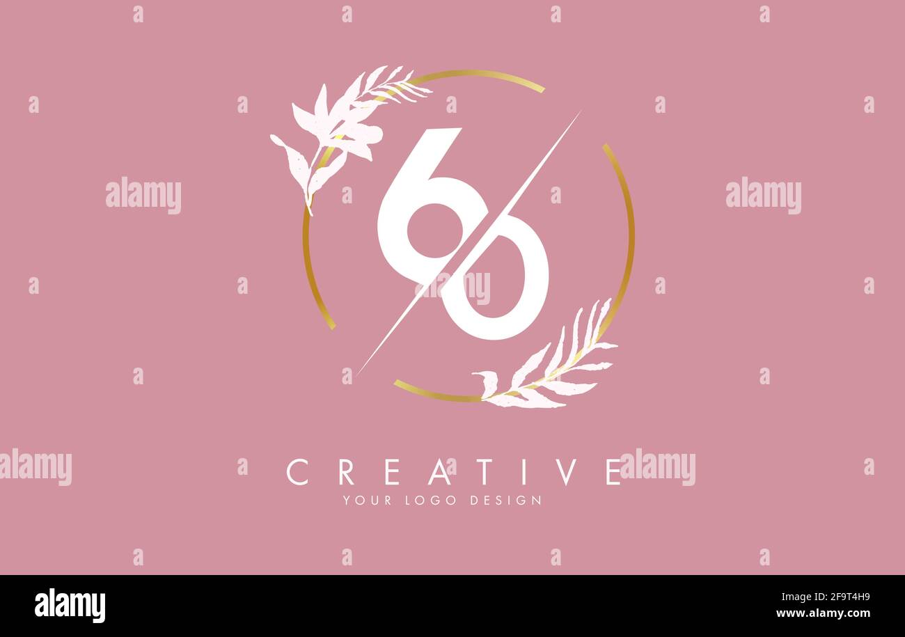 Number 60 6 0 logo design with golden circle and white leaves on branches around. Vector Illustration with numbers 6 and 0 for personal branding, corp Stock Vector