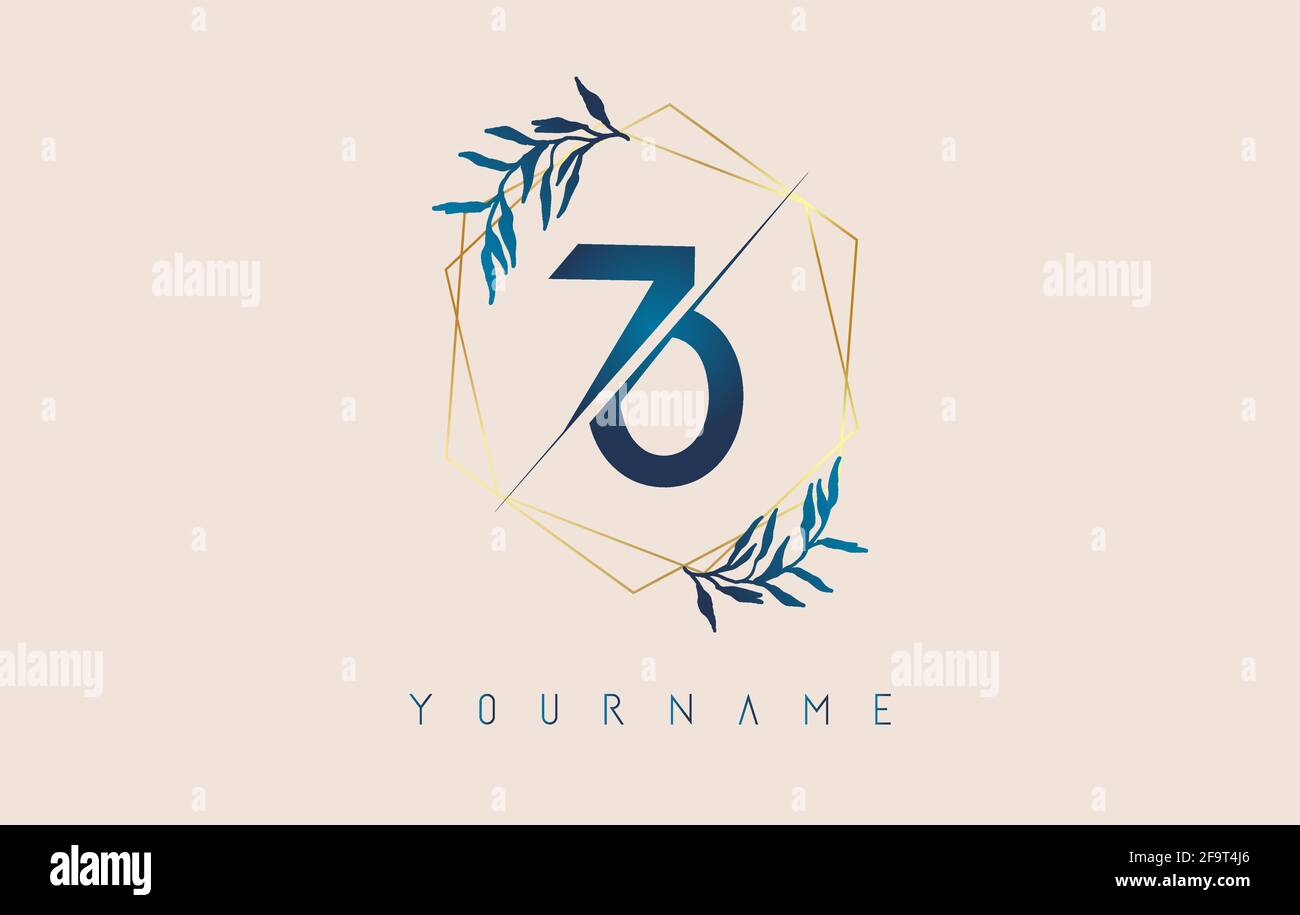 Number 70 7 0 logo with golden polygon frames and gradient blue leaves design. Luxury vector illustration with numbers 7 and 0 and blue gradient leaf. Stock Vector