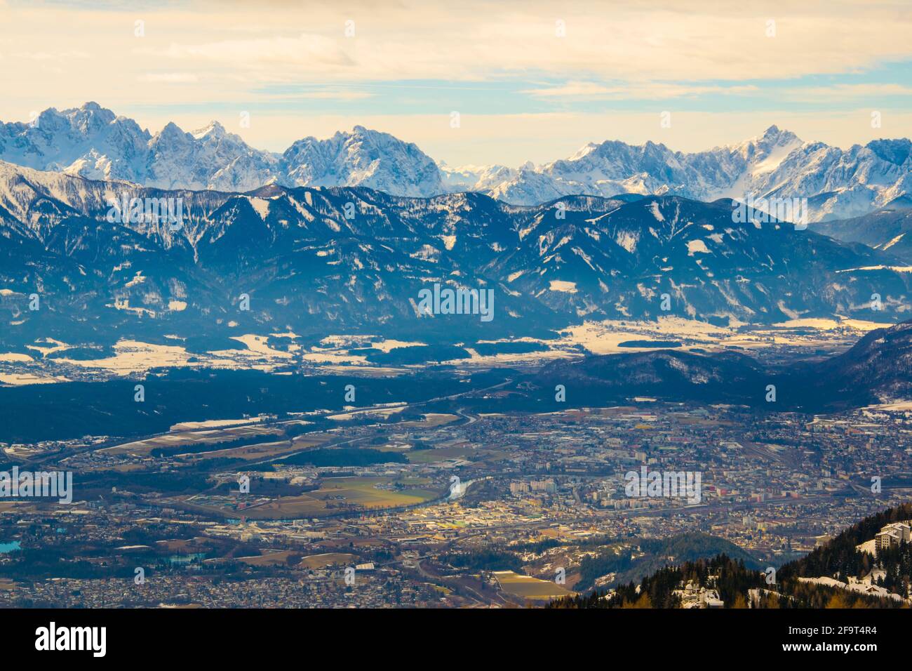 aerial view of villach from top of the gerlitzen mountain in austria. Stock Photo