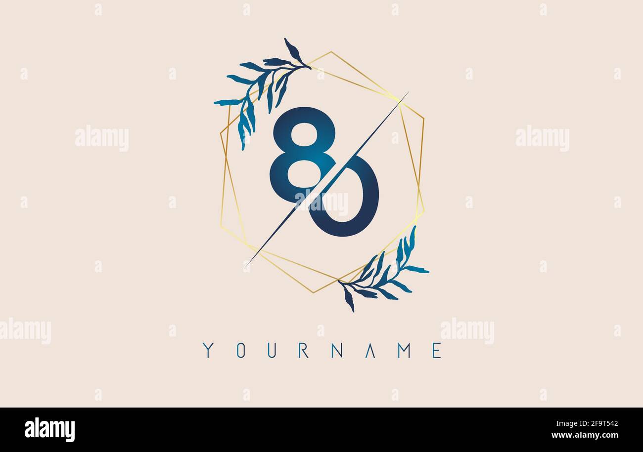 Number 80 8 0 logo with golden polygon frames and gradient blue leaves design. Luxury vector illustration with numbers 8 and 0 and blue gradient leaf. Stock Vector