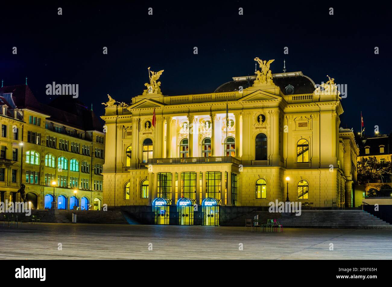 night view of illuminated building of opera in the swiss city zurich Stock Photo