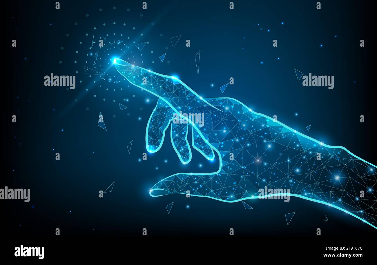 Touch the future low poly hand wireframe. Vector polygonal image in form of starry sky or space, consisting of points, lines, and shapes with destruct Stock Vector