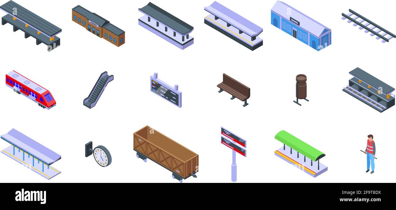 Railway platform icons set. Isometric set of railway platform vector ...