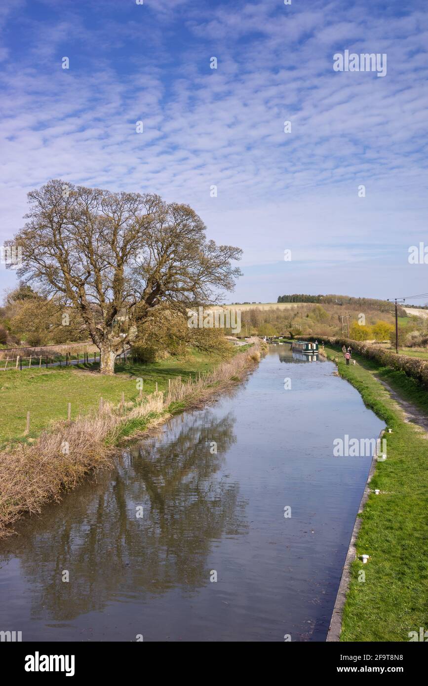 Kennet and Avon Canal surrounded by the scenic North Wessex Downs landscape during Spring 2021, Wiltshire, England, UK Stock Photo