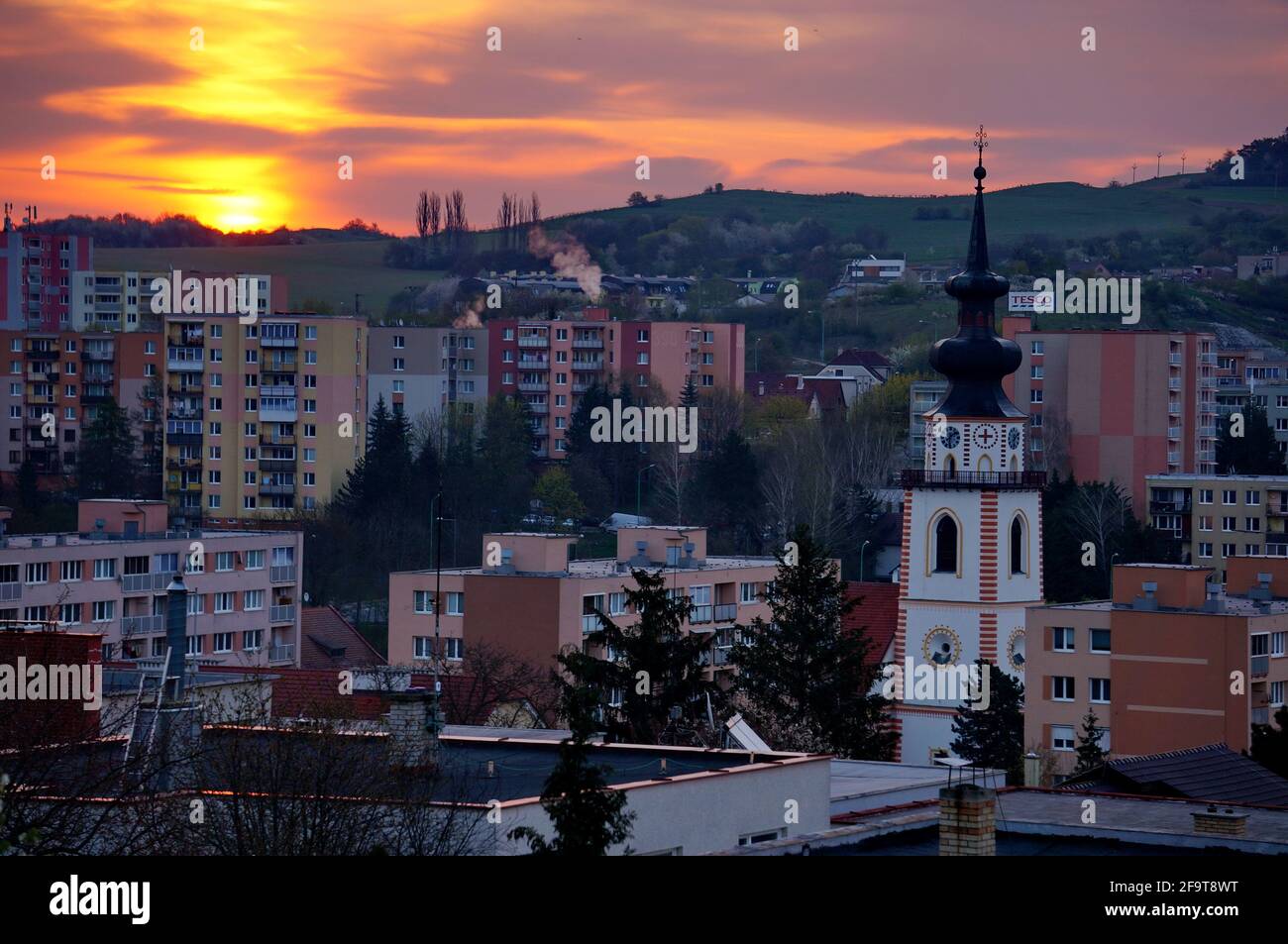 Morning view of the little Slovak town of Myjava with a dominant white tower of the Evangelical church Stock Photo